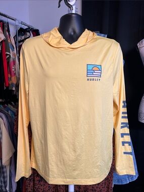 Hurley Men’s Lightweight Hooded Long Sleeve Shirt - Pale Yellow with Blue Accent